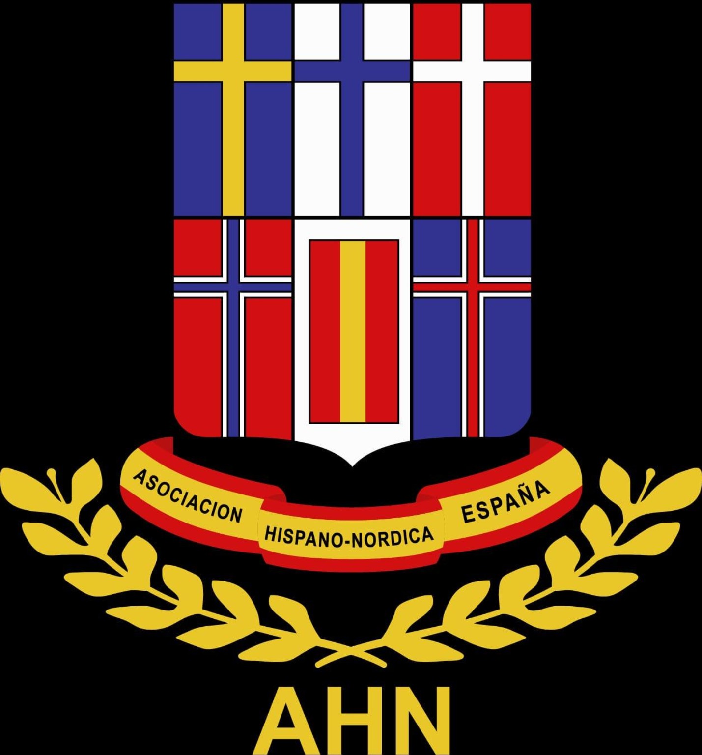AHN Förbundets original-logotyp med nordiska och spanska flaggor
